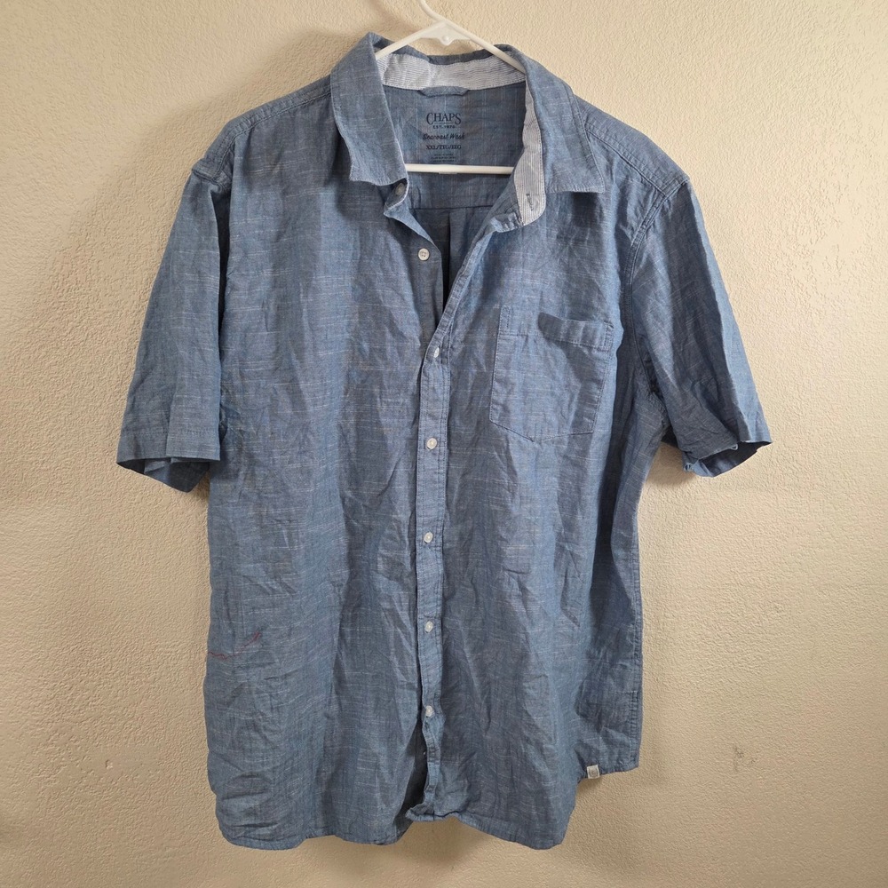 Chaps Seacoast Wash Mens XXL Blue Short Sleeve Button Down Chambray Shirt